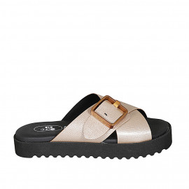 Woman's mules with buckle and crossed straps in laminated light rose leather wedge heel 3 - Available sizes:  32, 42, 43