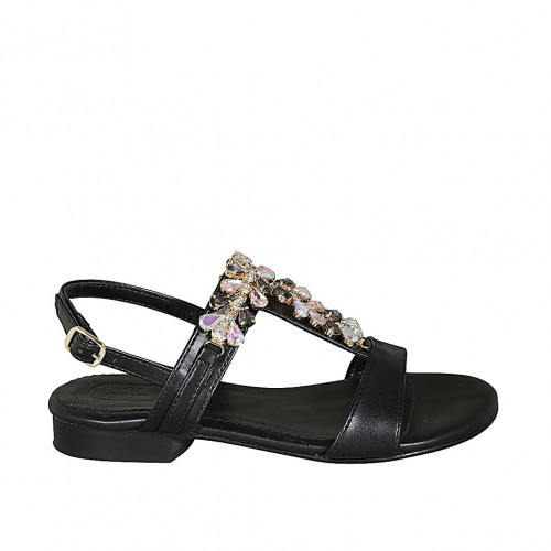 Sandalia con estras multicolor para mujer en piel negra tacon 2 - Tallas disponibles:  32, 33, 34, 44