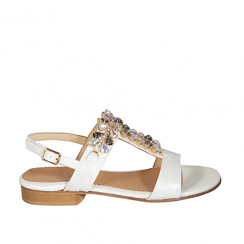 Woman's sandal with multicolored rhinestones in laminated white leather heel 2 - Available sizes:  33, 45