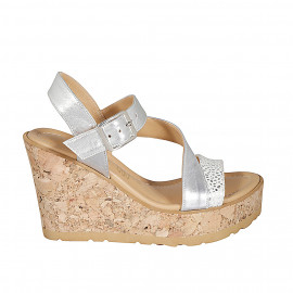 Woman's sandal with cross strap in silver laminated leather and suede with silver printed dots platform and wedge heel 9 - Available sizes:  33