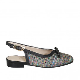 Woman's slingback with bow in black leather and multicolored laminated braided fabric heel 2 - Available sizes:  33, 42, 43, 44