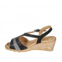 Woman's sandal in black leather with glitter silver fabric wedge heel 5 - Available sizes:  42, 44, 45