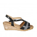 Woman's sandal in black leather with glitter silver fabric wedge heel 5 - Available sizes:  42, 44, 45