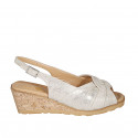 Woman's sandal in beige suede with platinum laminated printing wedge heel 5 - Available sizes:  32, 42