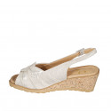 Woman's sandal in beige suede with platinum laminated printing wedge heel 5 - Available sizes:  32, 42