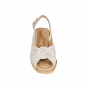 Woman's sandal in beige suede with platinum laminated printing wedge heel 5 - Available sizes:  32, 42