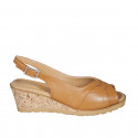 Woman's sandal in cognac brown leather wedge heel 5 - Available sizes:  42, 44