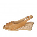 Sandale pour femmes en cuir cognac talon compensé 5 - Pointures disponibles:  42, 44