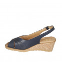 Woman's sandal in dark blue leather wedge heel 5 - Available sizes:  44, 45