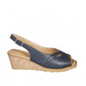 Woman's sandal in dark blue leather wedge heel 5 - Available sizes:  44, 45