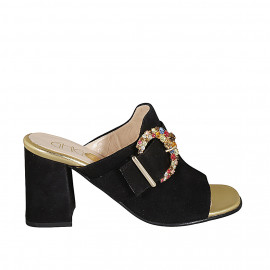 Woman's mules in black suede with buckle in multicolored rhinestones heel 8 - Available sizes:  32, 33, 34, 45, 46