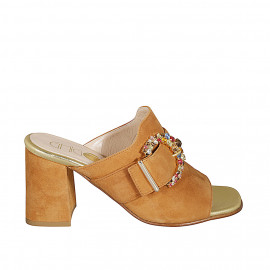 Woman's mules in cognac brown suede with buckle in multicolored rhinestones heel 8 - Available sizes:  32, 33, 34, 42, 43, 46