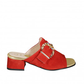 Mule para mujer en gamuza de color rojo con hebilla de estras multicolor tacon 4 - Tallas disponibles:  33, 42, 46