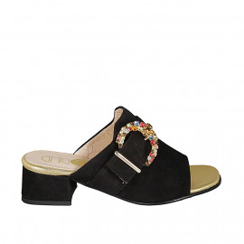 Woman's mules in black suede with buckle in multicolored rhinestones heel 4 - Available sizes:  34, 45, 46