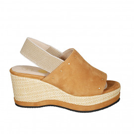 Woman's sandal in cognac suede with studs, elastic band and wedge heel 7 - Available sizes:  42, 43, 44, 45