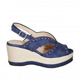 Woman's sandal in blue suede with studs, platform and coated wedge heel 7 - Available sizes:  43, 44