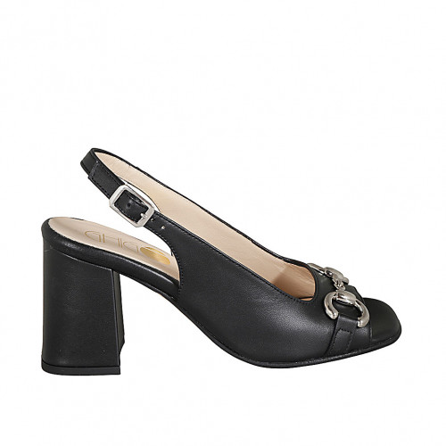 Woman's sandal with golden accessory in black leather heel 8 - Available sizes:  32, 33, 34, 42, 44