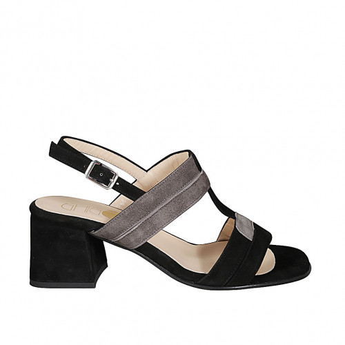 Woman's sandal with double two-toned straps in black and grey suede with heel 6 - Available sizes:  32, 33, 34, 42, 43, 44