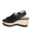 Woman's sandal in black suede with studs, elastic band and wedge heel 7 - Available sizes:  42, 43, 45