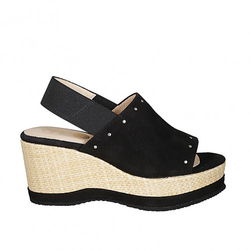 Woman's sandal in black suede with studs, elastic band and wedge heel 7 - Available sizes:  42, 43, 45