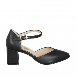 Woman's pointy open shoe with strap in black leather heel 6 - Available sizes:  32, 43, 44, 46