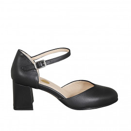 Woman's open shoe with rounded tip and strap in black leather heel 6 - Available sizes:  33, 44