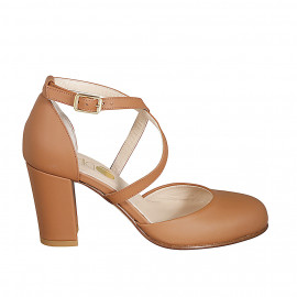 Woman's open shoe with crossed strap in cognac leather heel 8 - Available sizes:  43, 44