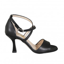 Woman's open shoe with crossed strap in black leather heel 8 - Available sizes:  32, 34, 43