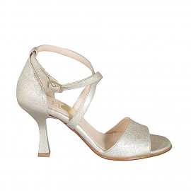 Woman's open shoe with crossed strap in platinum laminated leather heel 8 - Available sizes:  43, 44, 45, 46