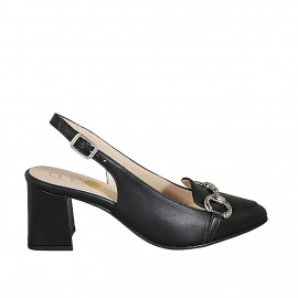 Chaussure ouverte à l'arrière et à bout pointu pour femmes en cuir noir et accesoire argent talon 6 - Pointures disponibles:  32, 33, 34, 42, 43, 44, 45, 46