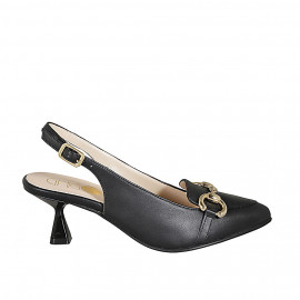 Chaussure ouverte à l'arrière et à bout pointu pour femmes en cuir noir et accesoire d'or talon 6 - Pointures disponibles:  43, 44, 45, 46