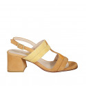 Woman's sandal with double two-toned straps in cognac, yellow and orange suede with heel 6 - Available sizes:  32, 33, 34, 43, 44, 45, 46