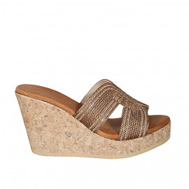 Woman's mules in bronze rope fabric with rhinestones, platform and wedge heel 9 - Available sizes:  42, 45