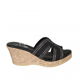 Woman's mules in black rope fabric with rhinestones, platform and wedge heel 7 - Available sizes:  42, 43