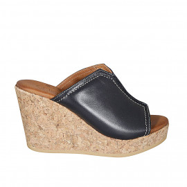 Woman's mules in blue leather with platform wedge heel 9 - Available sizes:  34, 42, 43