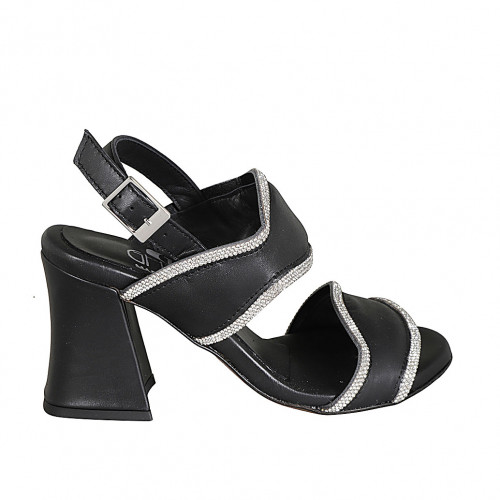 Woman's sandal in black leather with rhinestones and heel 7 - Available sizes:  32, 33, 34, 42, 43, 44