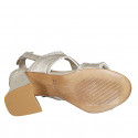 Woman's sandal in platinum laminated leather with rhinestones and heel 7 - Available sizes:  32, 34, 42, 43, 44, 45