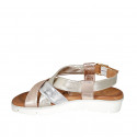 Woman's sandal in platinum, copper and silver laminated leather wedge heel 3 - Available sizes:  32, 44