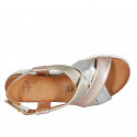 Woman's sandal in platinum, copper and silver laminated leather wedge heel 3 - Available sizes:  32, 44