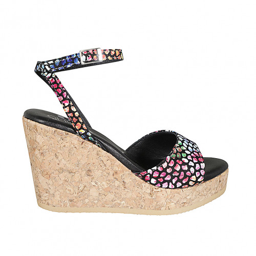 Woman's strap sandal in black multicolored mosaic printed suede with platform and wedge heel 9 - Available sizes:  33, 43, 44, 45