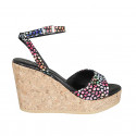 Woman's strap sandal in black multicolored mosaic printed suede with platform and wedge heel 9 - Available sizes:  33, 43, 44, 45