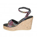 Woman's strap sandal in black multicolored mosaic printed suede with platform and wedge heel 9 - Available sizes:  33, 43, 44, 45