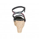 Woman's strap sandal in black multicolored mosaic printed suede with platform and wedge heel 9 - Available sizes:  33, 43, 44, 45