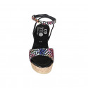 Woman's strap sandal in black multicolored mosaic printed suede with platform and wedge heel 9 - Available sizes:  33, 43, 44, 45