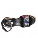 Woman's strap sandal in black multicolored mosaic printed suede with platform and wedge heel 9 - Available sizes:  33, 43, 44, 45