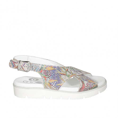 Woman's sandal in silver laminated and mosaic printed leather wedge heel 3 - Available sizes:  33, 42, 44