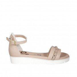 Woman's open shoe with strap and rhinestones in rose leather wedge heel 3 - Available sizes:  42, 43, 44