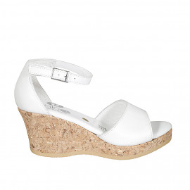 Woman's open shoe with strap and platform in white leather wedge heel 7 - Available sizes:  42, 43