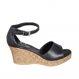 Woman's open shoe with strap and platform in blue leather wedge heel 7 - Available sizes:  32, 33