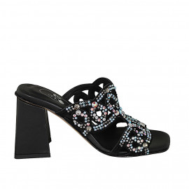 Woman's mules with crystal rhinestones in black leather heel 8 - Available sizes:  32, 33, 34, 42, 43